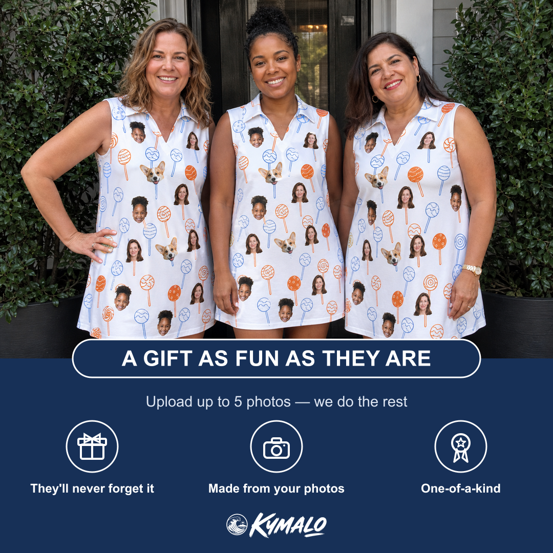 Friends in matching Women's Taffy Twirl Custom Face V-Neck Dress — a group gift photo