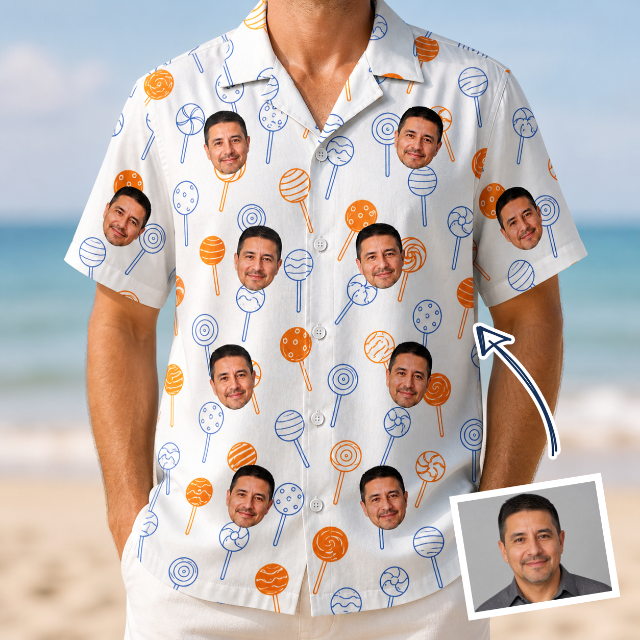 Man wearing Men's Taffy Twirl Custom Face Hawaiian Shirt — custom faces printed all-over