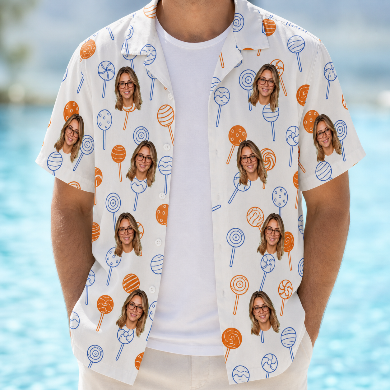 Man wearing Men's Taffy Twirl Custom Face Hawaiian Shirt open over a white tee