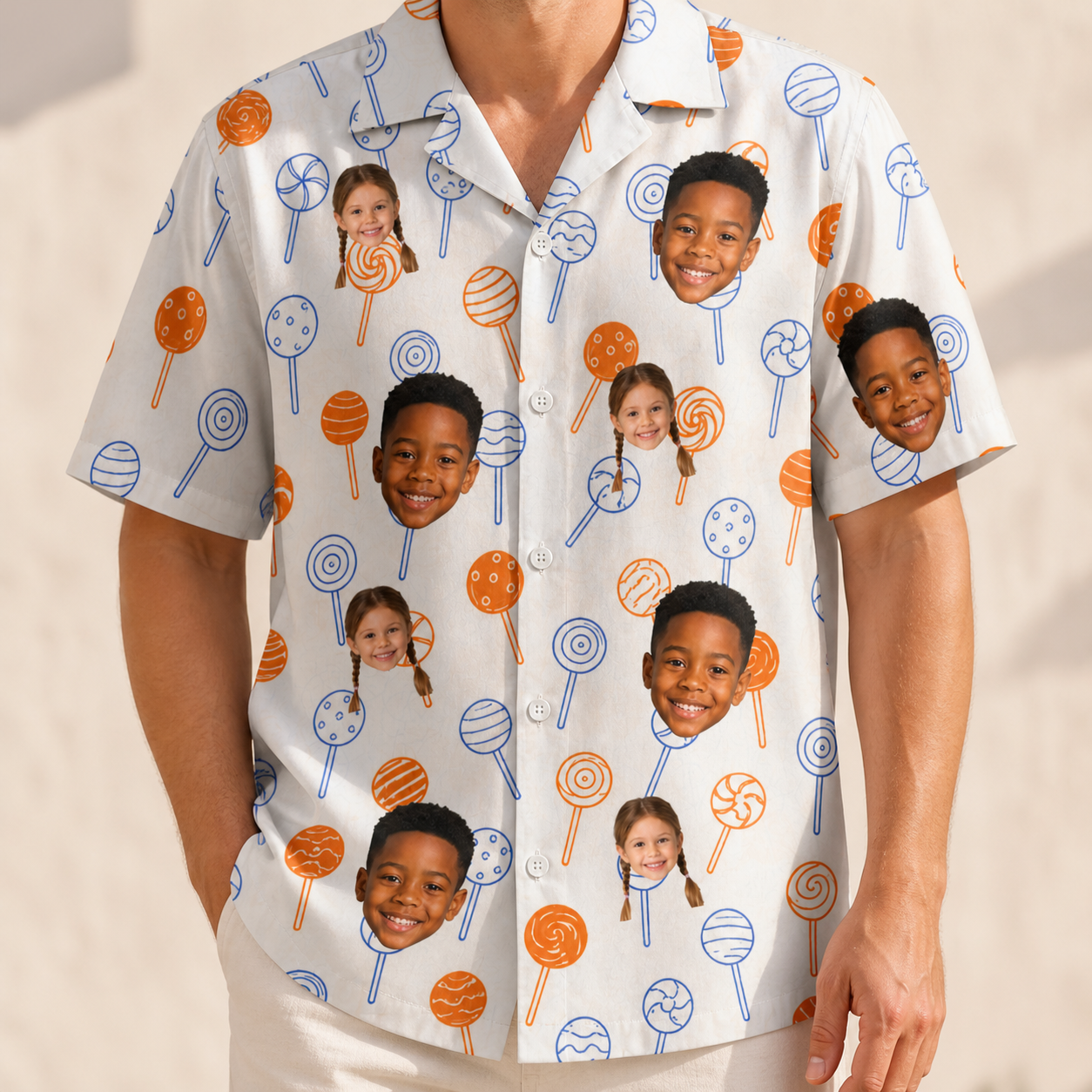 Model wearing Men's Taffy Twirl Custom Face Hawaiian Shirt printed with kids' faces