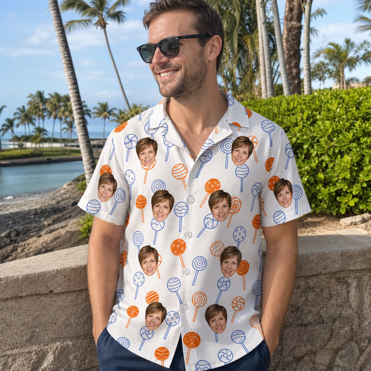 Real-life photo of someone wearing Men's Taffy Twirl Custom Face Hawaiian Shirt — custom faces printed all-over