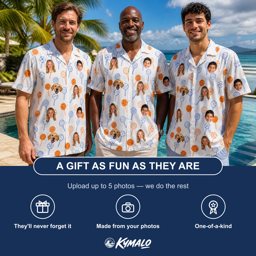 Friends in matching Men's Taffy Twirl Custom Face Hawaiian Shirt — a group gift photo