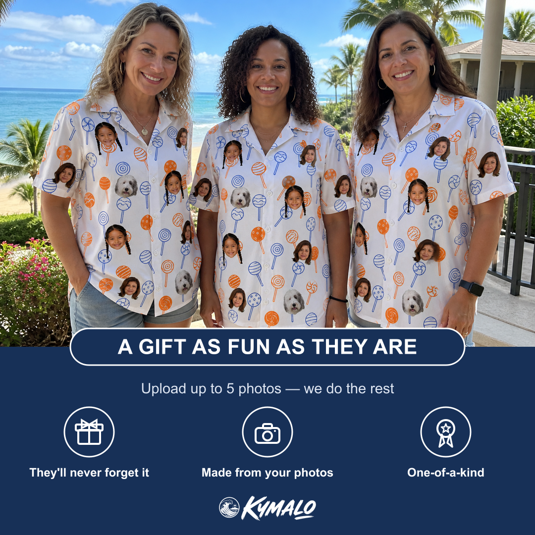 Friends in matching Women's Taffy Twirl Custom Face Hawaiian Shirt — a group gift photo