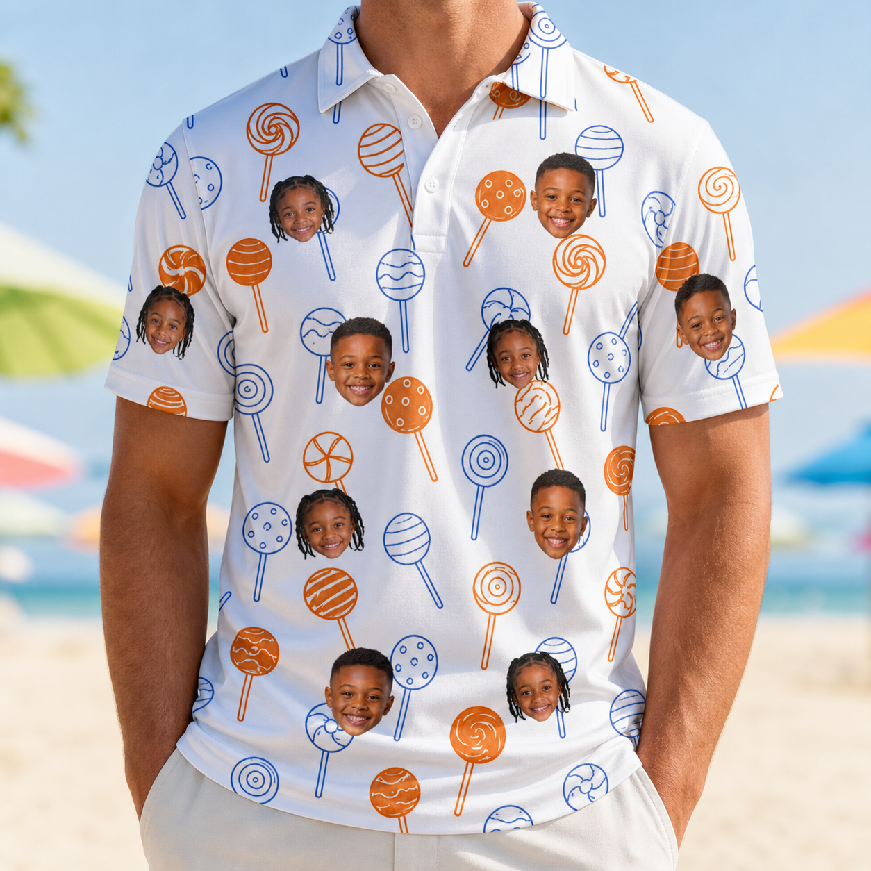 Model wearing Men's Taffy Twirl Custom Face Polo Shirt printed with kids' faces