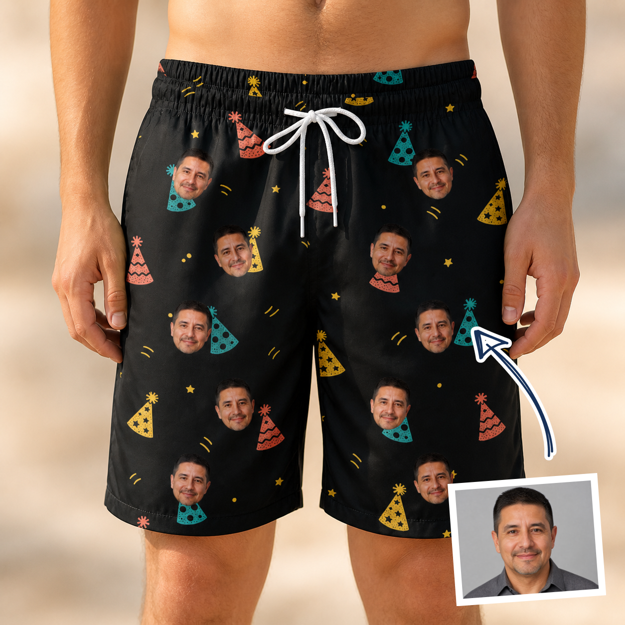 Man wearing Men's Hooray Hats Custom Face Beach Shorts — custom faces printed all-over