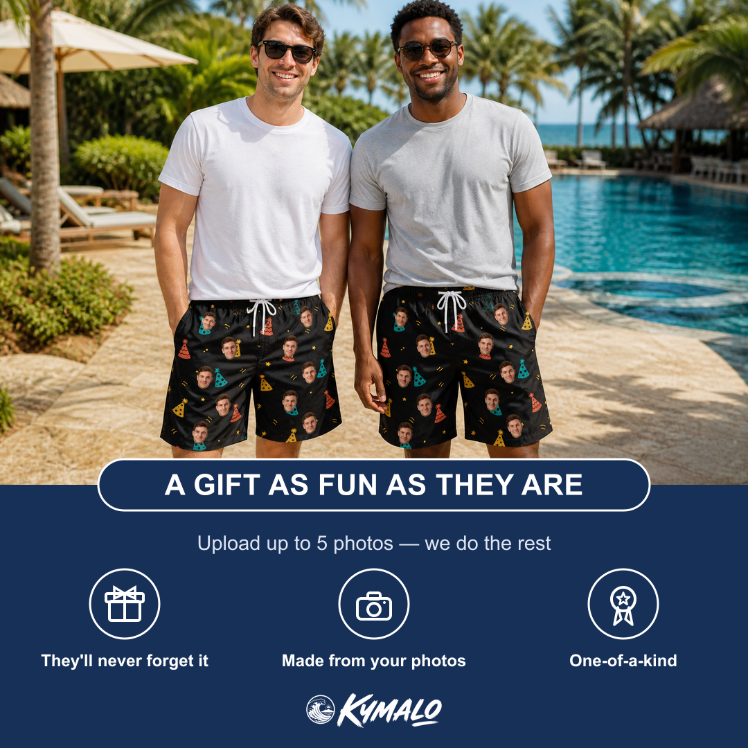 Friends in matching Men's Hooray Hats Custom Face Beach Shorts — a group gift photo