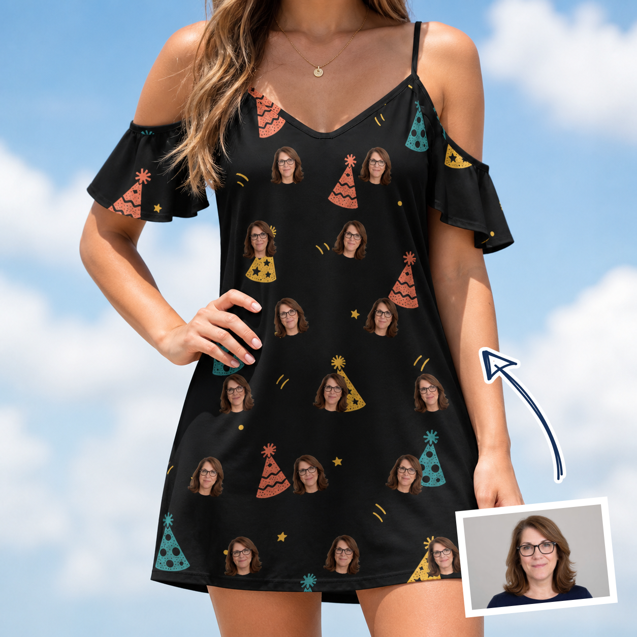 Woman wearing Women's Hooray Hats Custom Face Off-Shoulder Dress — custom faces printed all-over