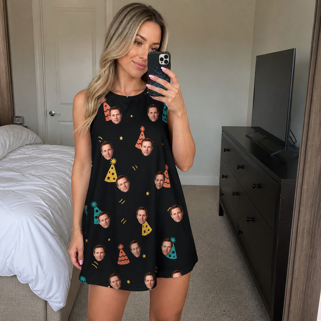 Real-life photo of someone wearing Women's Hooray Hats Custom Face Tank Dress — custom faces printed all-over