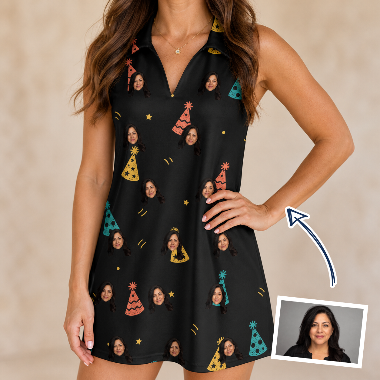 Woman wearing Women's Hooray Hats Custom Face V-Neck Dress — custom faces printed all-over
