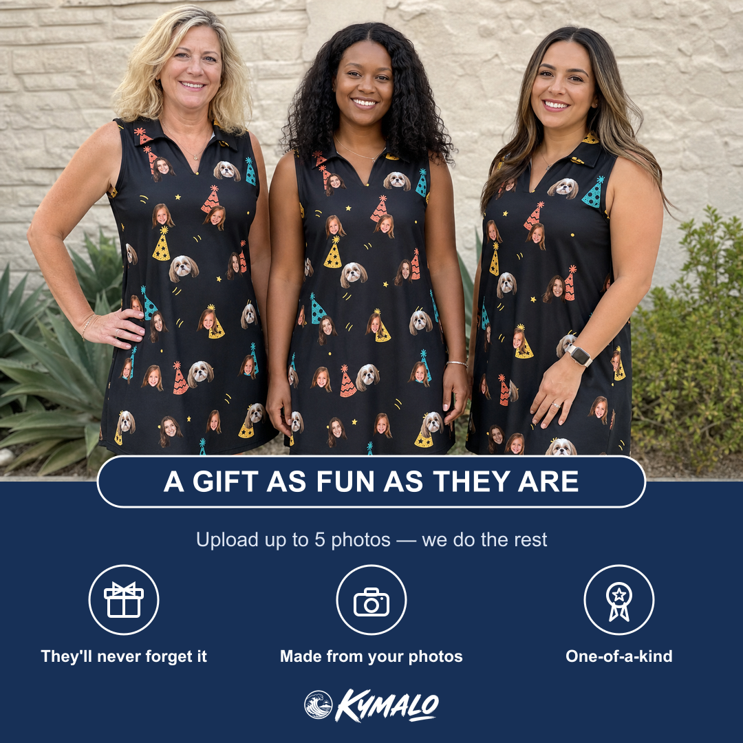 Friends in matching Women's Hooray Hats Custom Face V-Neck Dress — a group gift photo