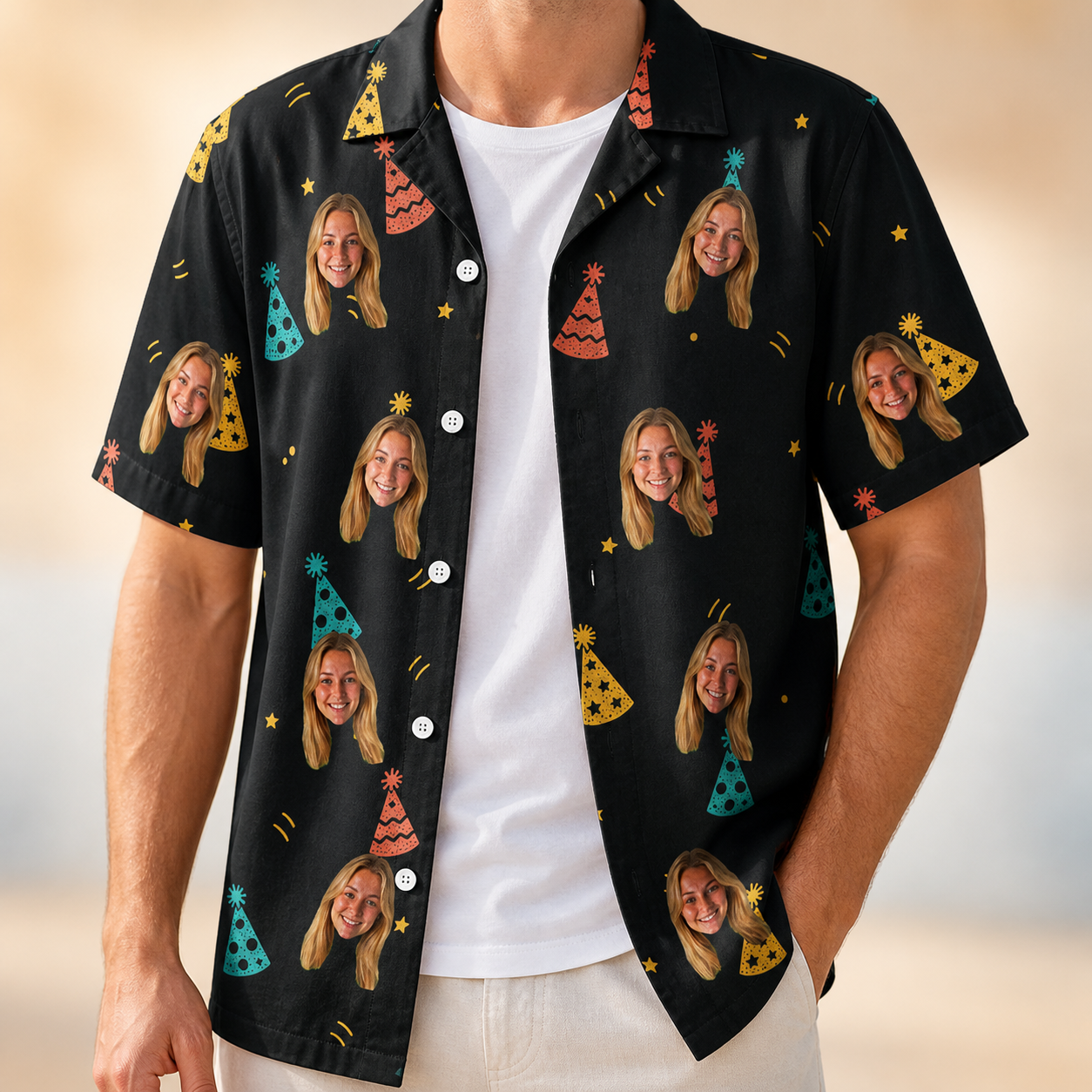 Man wearing Men's Hooray Hats Custom Face Hawaiian Shirt open over a white tee