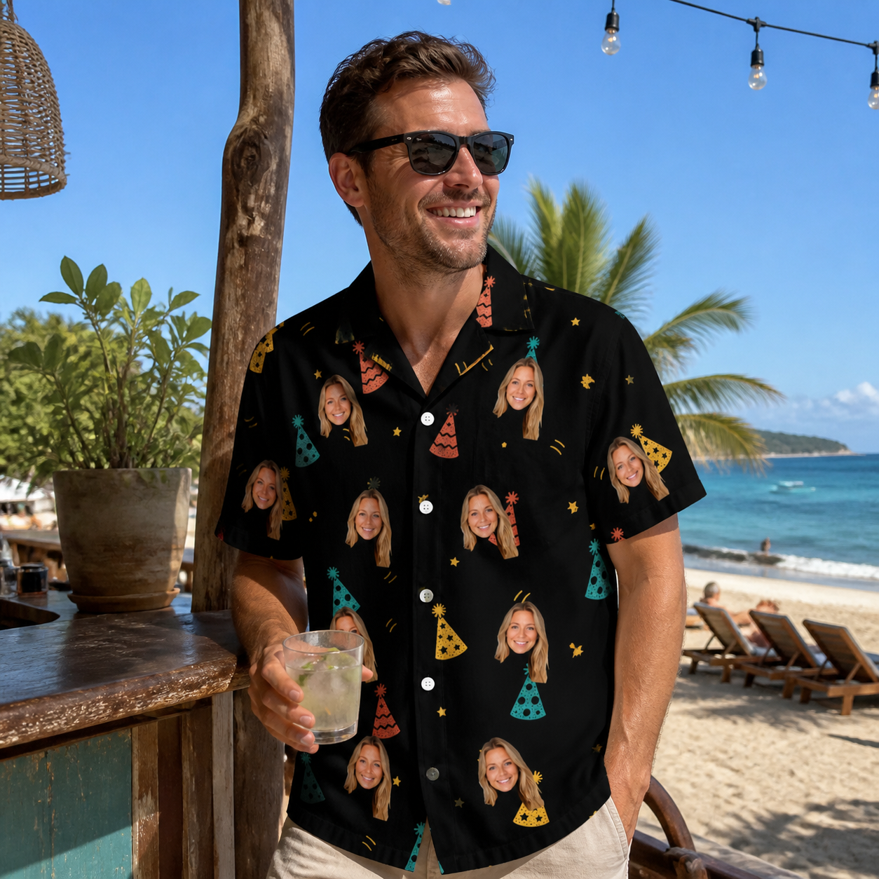Real-life photo of someone wearing Men's Hooray Hats Custom Face Hawaiian Shirt — custom faces printed all-over