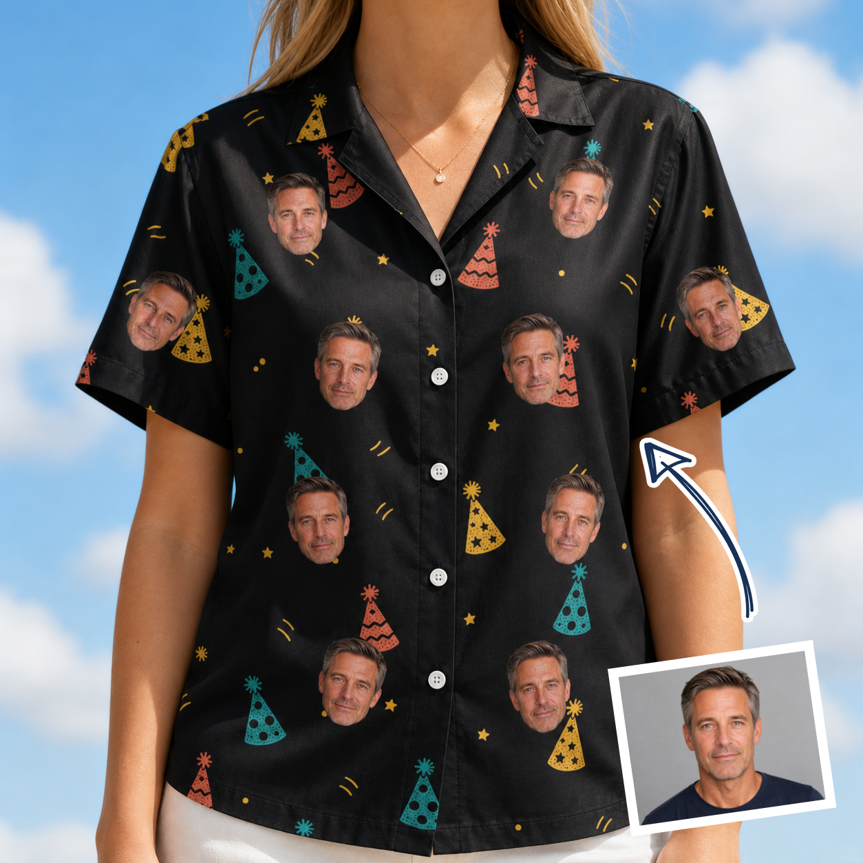 Woman wearing Women's Hooray Hats Custom Face Hawaiian Shirt — custom faces printed all-over
