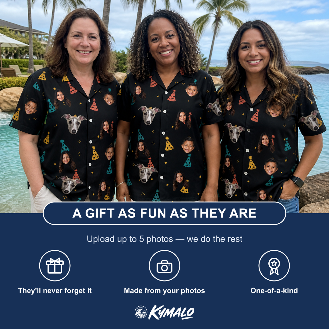 Friends in matching Women's Hooray Hats Custom Face Hawaiian Shirt — a group gift photo