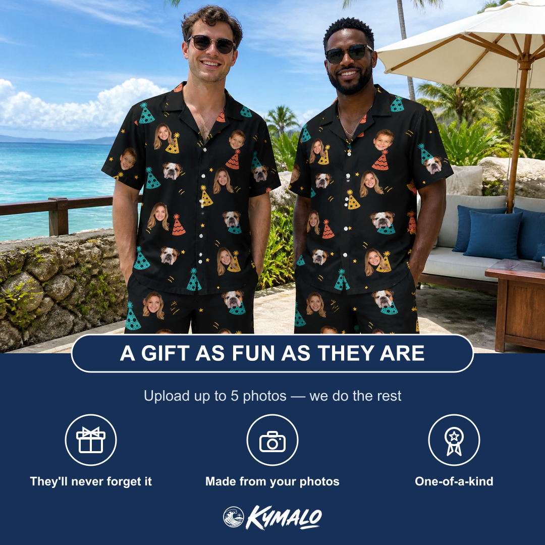 Friends in matching Men's Hooray Hats Custom Face Shirt & Shorts Set — a group gift photo