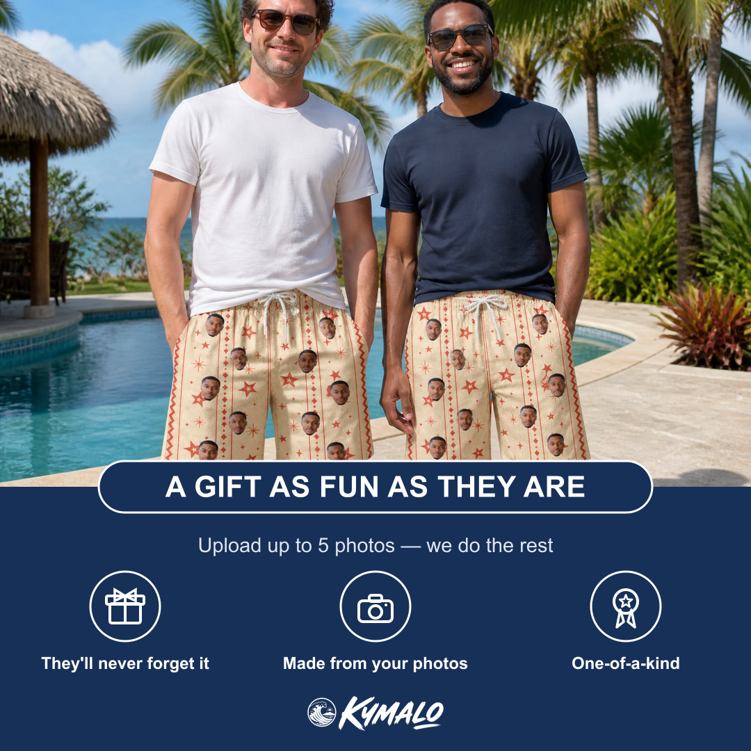 Friends in matching Men's Glow Gala Custom Face Beach Shorts — a group gift photo