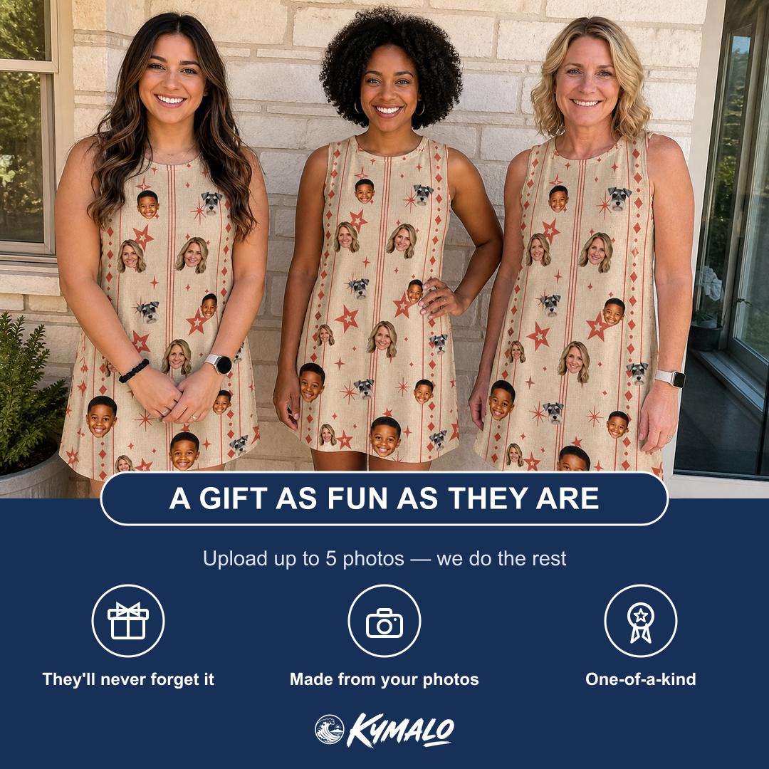 Friends in matching Women's Glow Gala Custom Face Tank Dress — a group gift photo