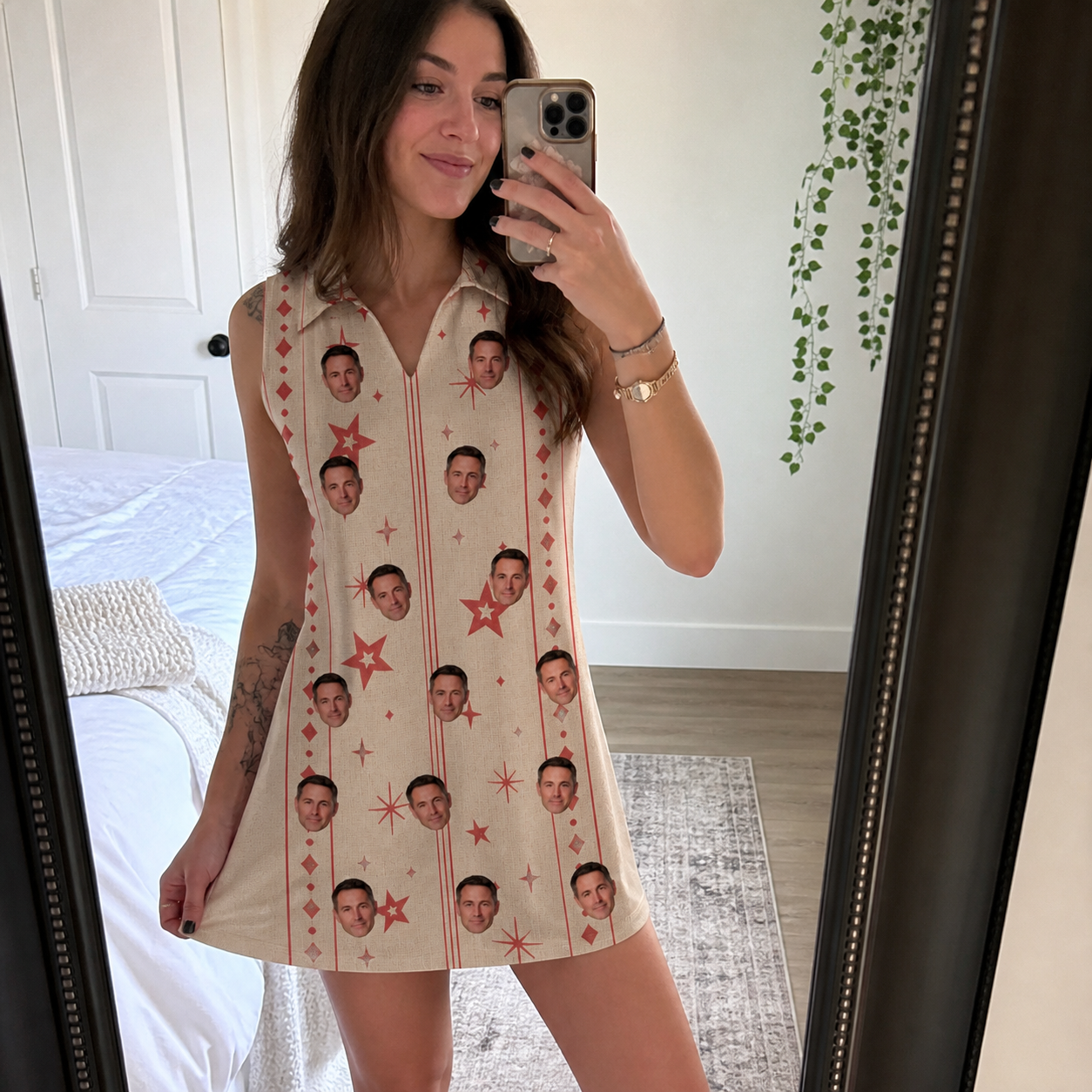 Real-life photo of someone wearing Women's Glow Gala Custom Face V-Neck Dress — custom faces printed all-over