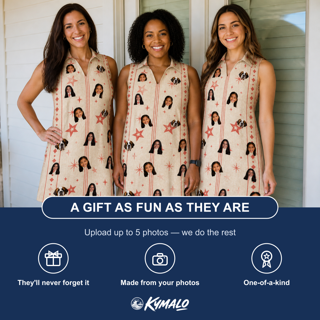Friends in matching Women's Glow Gala Custom Face V-Neck Dress — a group gift photo
