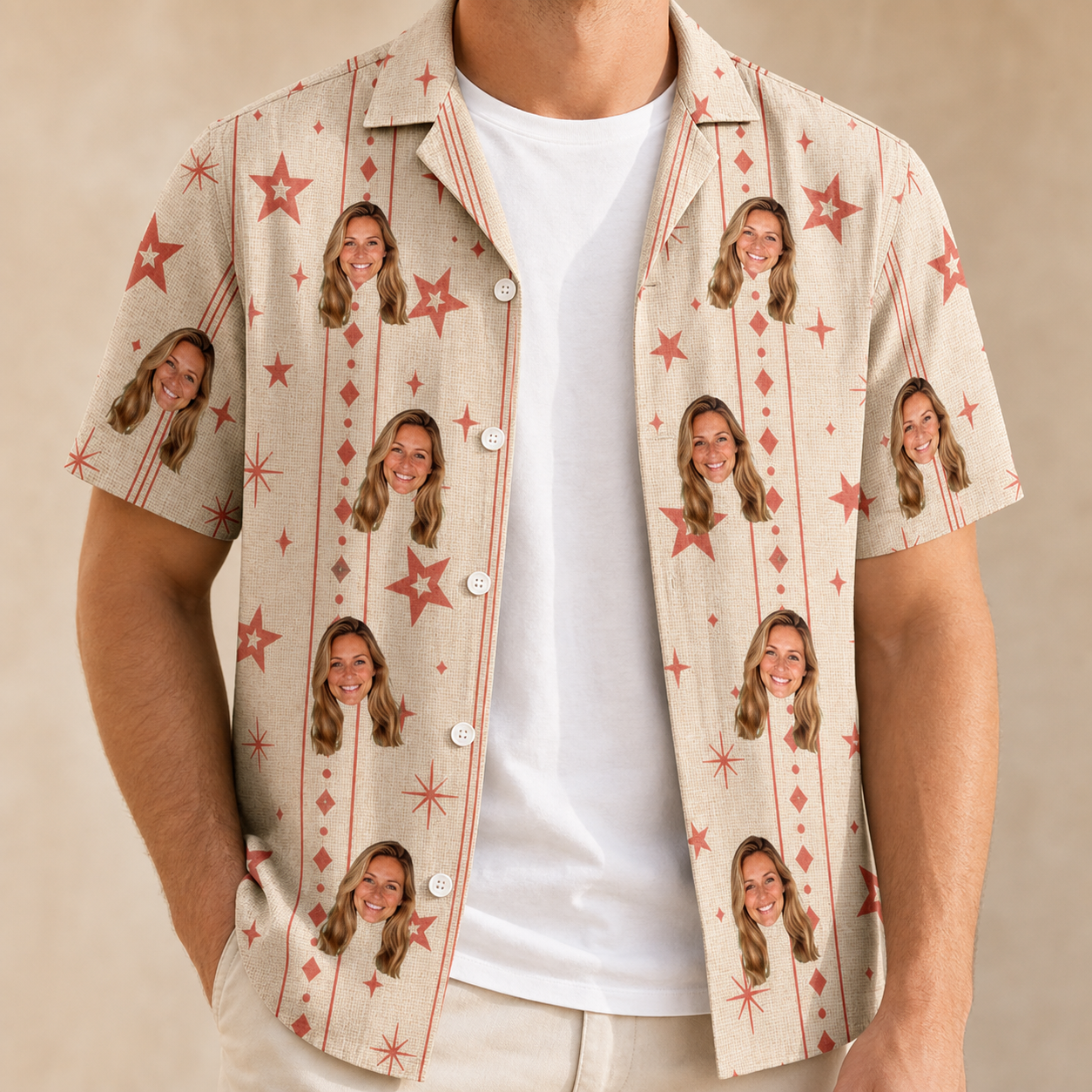 Man wearing Men's Glow Gala Custom Face Hawaiian Shirt open over a white tee