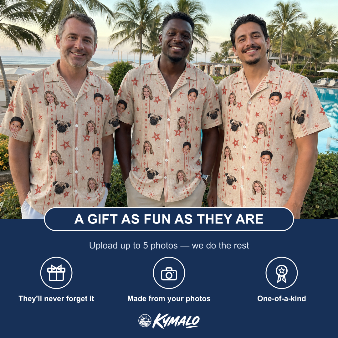 Friends in matching Men's Glow Gala Custom Face Hawaiian Shirt — a group gift photo