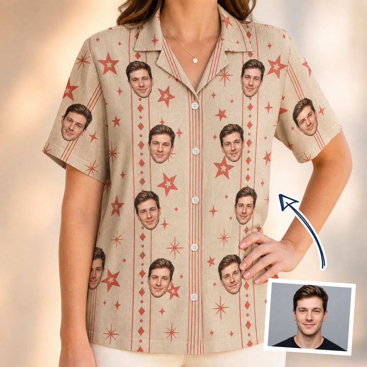 Woman wearing Women's Glow Gala Custom Face Hawaiian Shirt — custom faces printed all-over