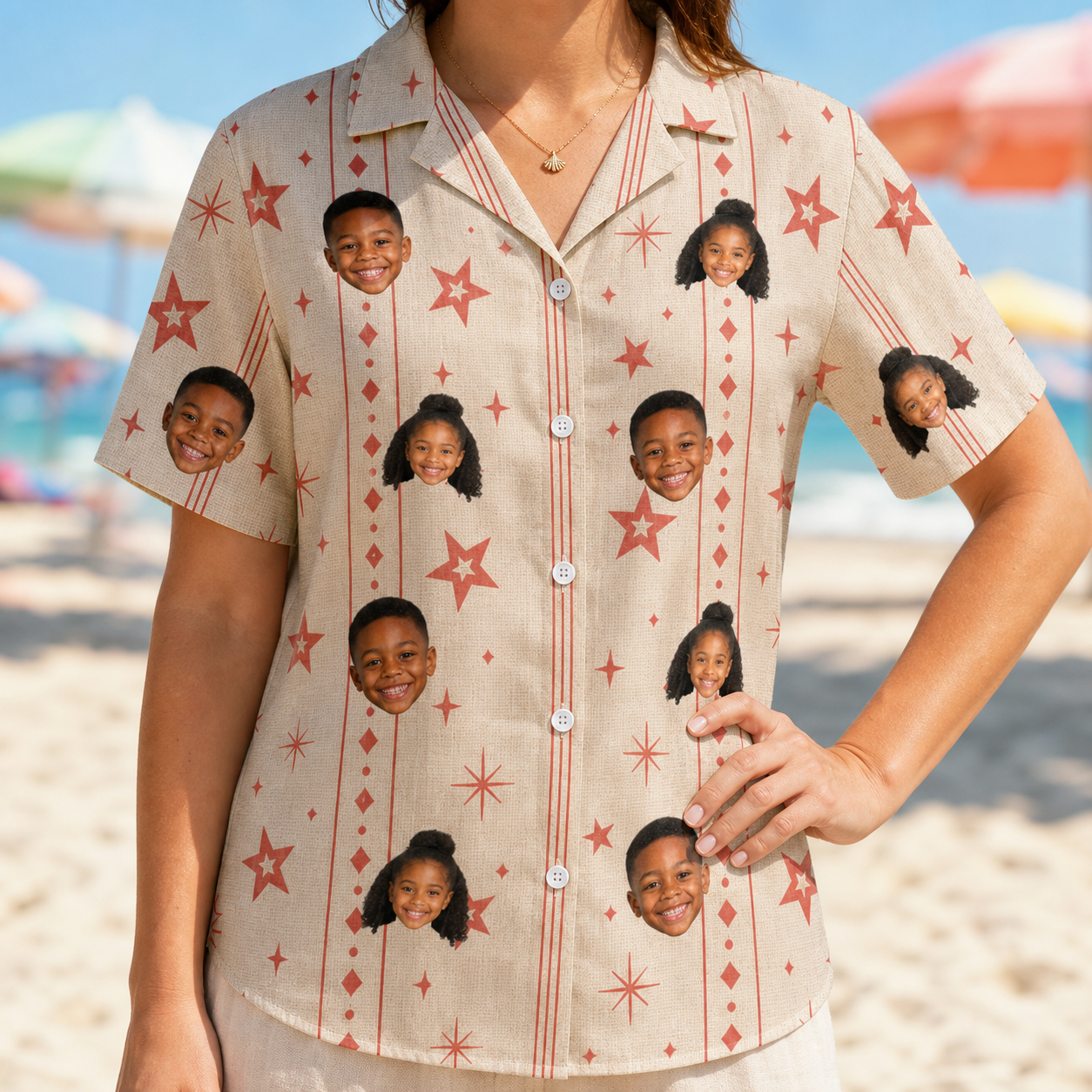 Model wearing Women's Glow Gala Custom Face Hawaiian Shirt printed with kids' faces