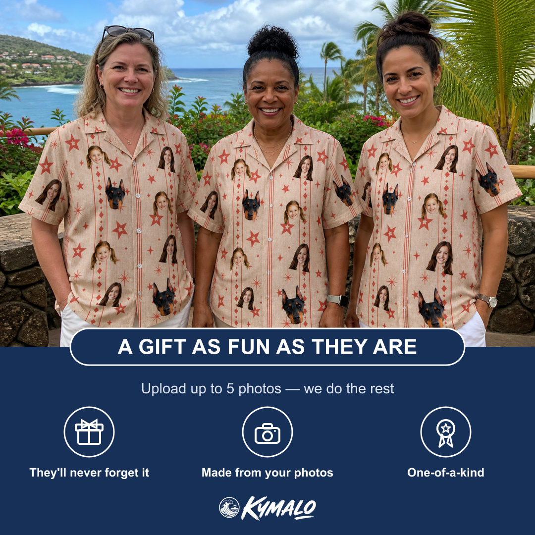 Friends in matching Women's Glow Gala Custom Face Hawaiian Shirt — a group gift photo