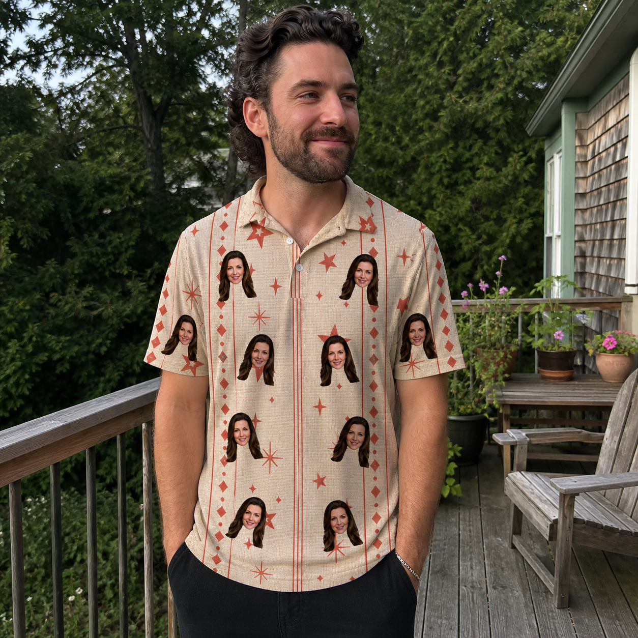 Real-life photo of someone wearing Men's Glow Gala Custom Face Polo Shirt — custom faces printed all-over