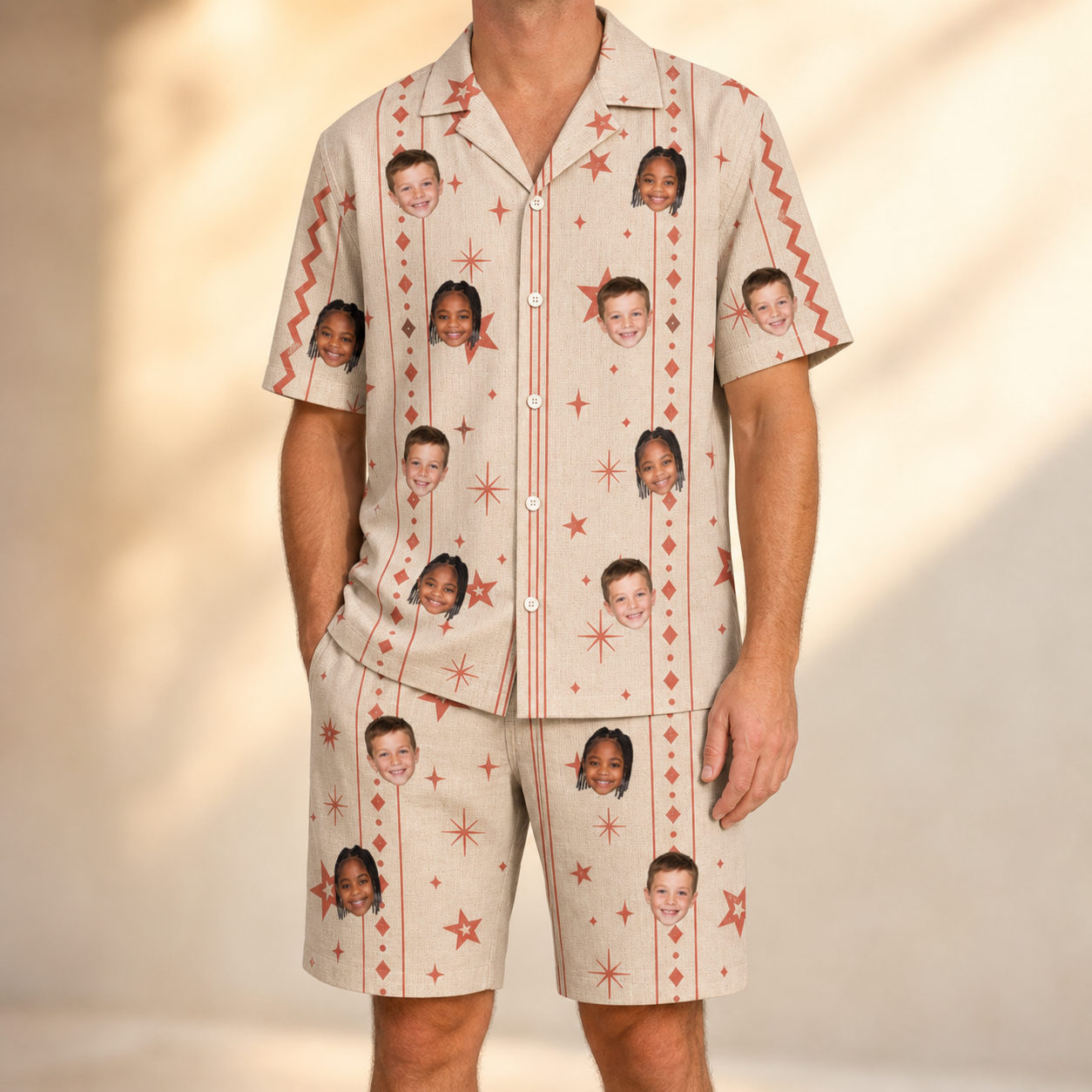 Model wearing Men's Glow Gala Custom Face Shirt & Shorts Set printed with kids' faces