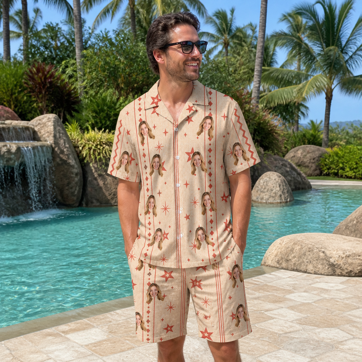 Real-life photo of someone wearing Men's Glow Gala Custom Face Shirt & Shorts Set — custom faces printed all-over