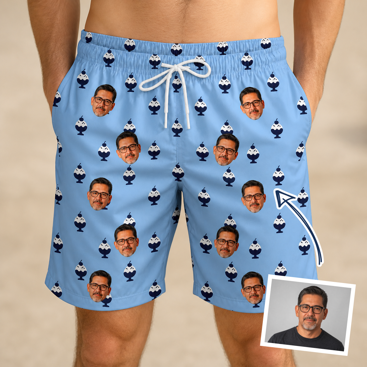Man wearing Men's Sprinkle Scoops Custom Face Beach Shorts — custom faces printed all-over