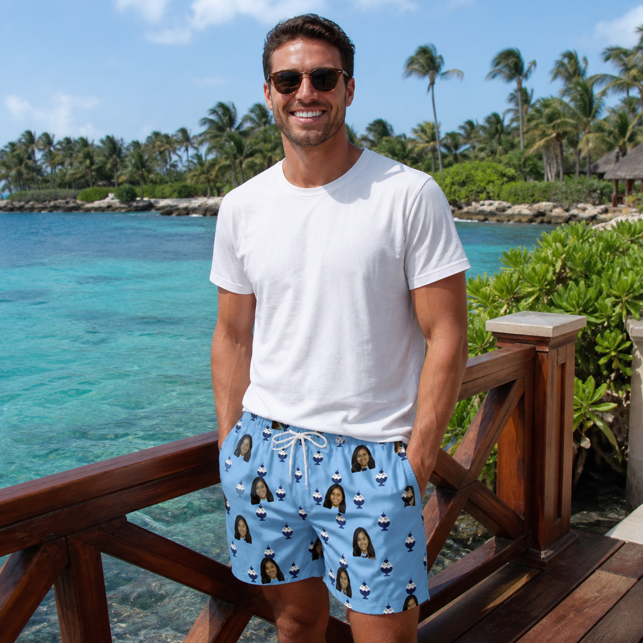 Real-life photo of someone wearing Men's Sprinkle Scoops Custom Face Beach Shorts — custom faces printed all-over