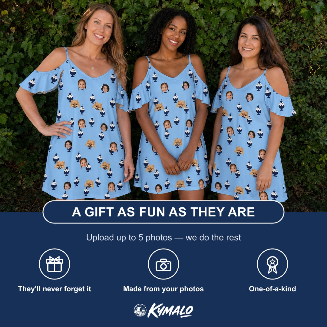 Friends in matching Women's Sprinkle Scoops Custom Face Off-Shoulder Dress — a group gift photo