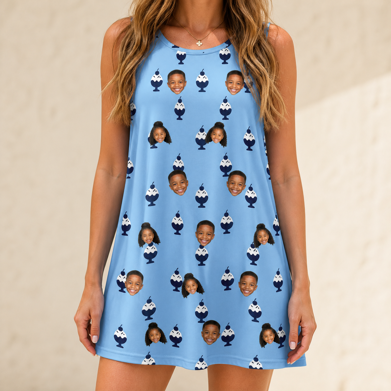 Model wearing Women's Sprinkle Scoops Custom Face Tank Dress printed with kids' faces