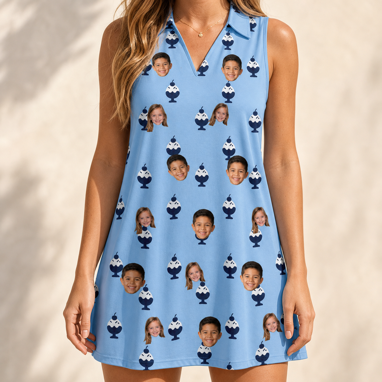 Model wearing Women's Sprinkle Scoops Custom Face V-Neck Dress printed with kids' faces