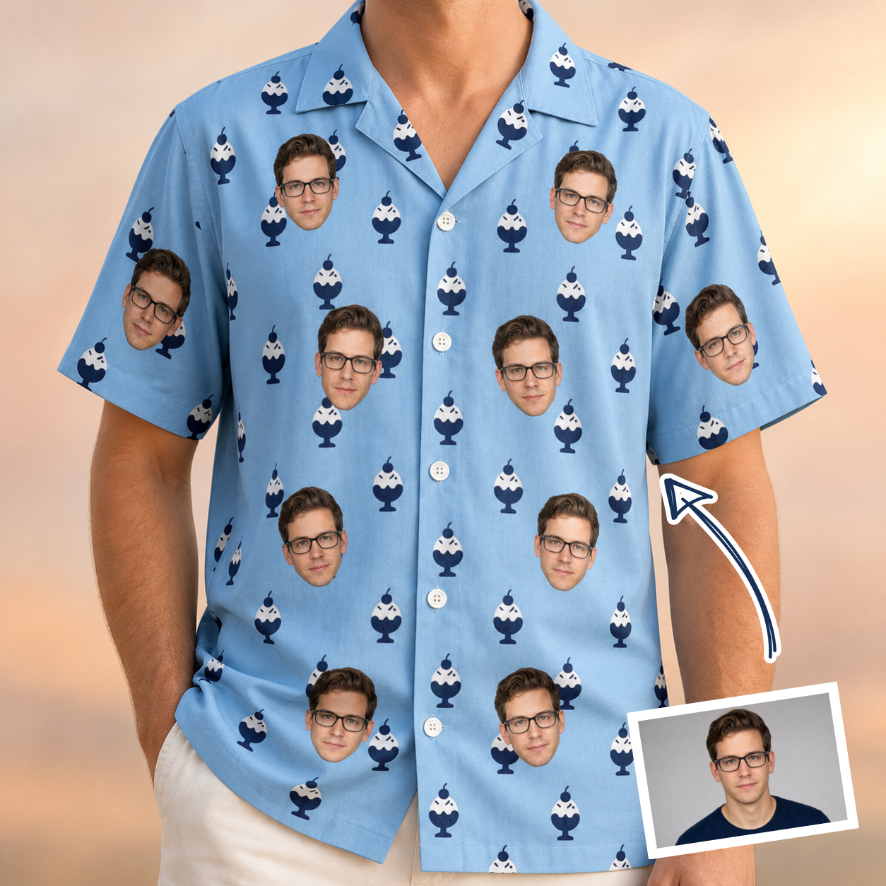 Man wearing Men's Sprinkle Scoops Custom Face Hawaiian Shirt — custom faces printed all-over