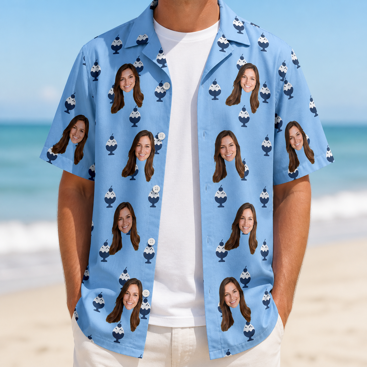 Man wearing Men's Sprinkle Scoops Custom Face Hawaiian Shirt open over a white tee