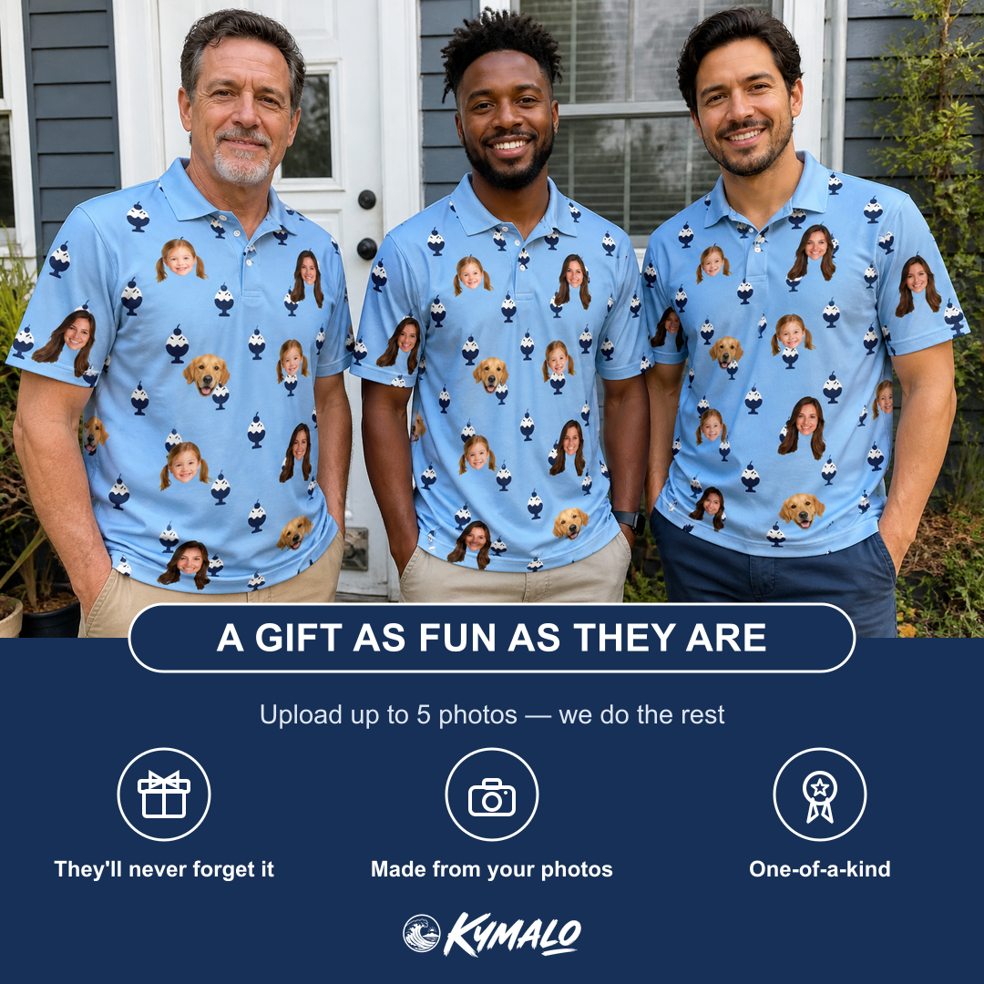 Friends in matching Men's Sprinkle Scoops Custom Face Polo Shirt — a group gift photo