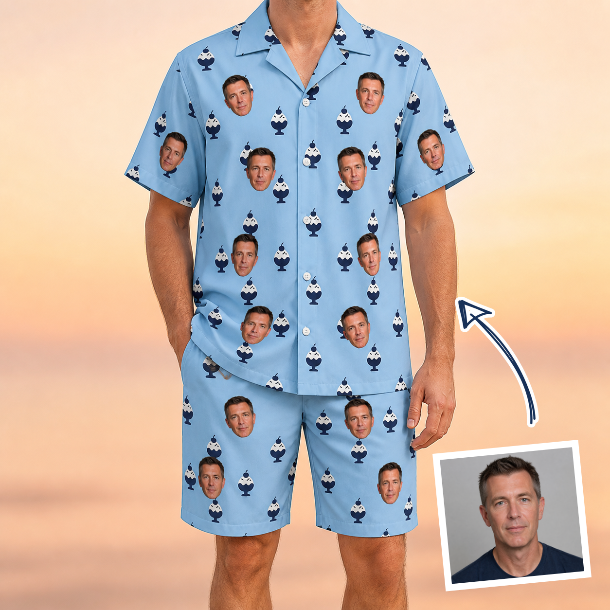 Man wearing Men's Sprinkle Scoops Custom Face Shirt & Shorts Set — custom faces printed all-over