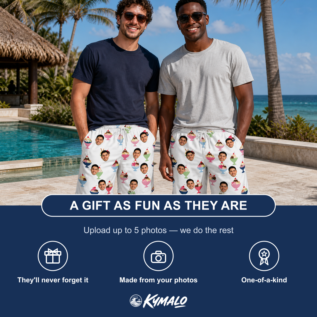 Friends in matching Men's Wishful Scoops Custom Face Beach Shorts — a group gift photo