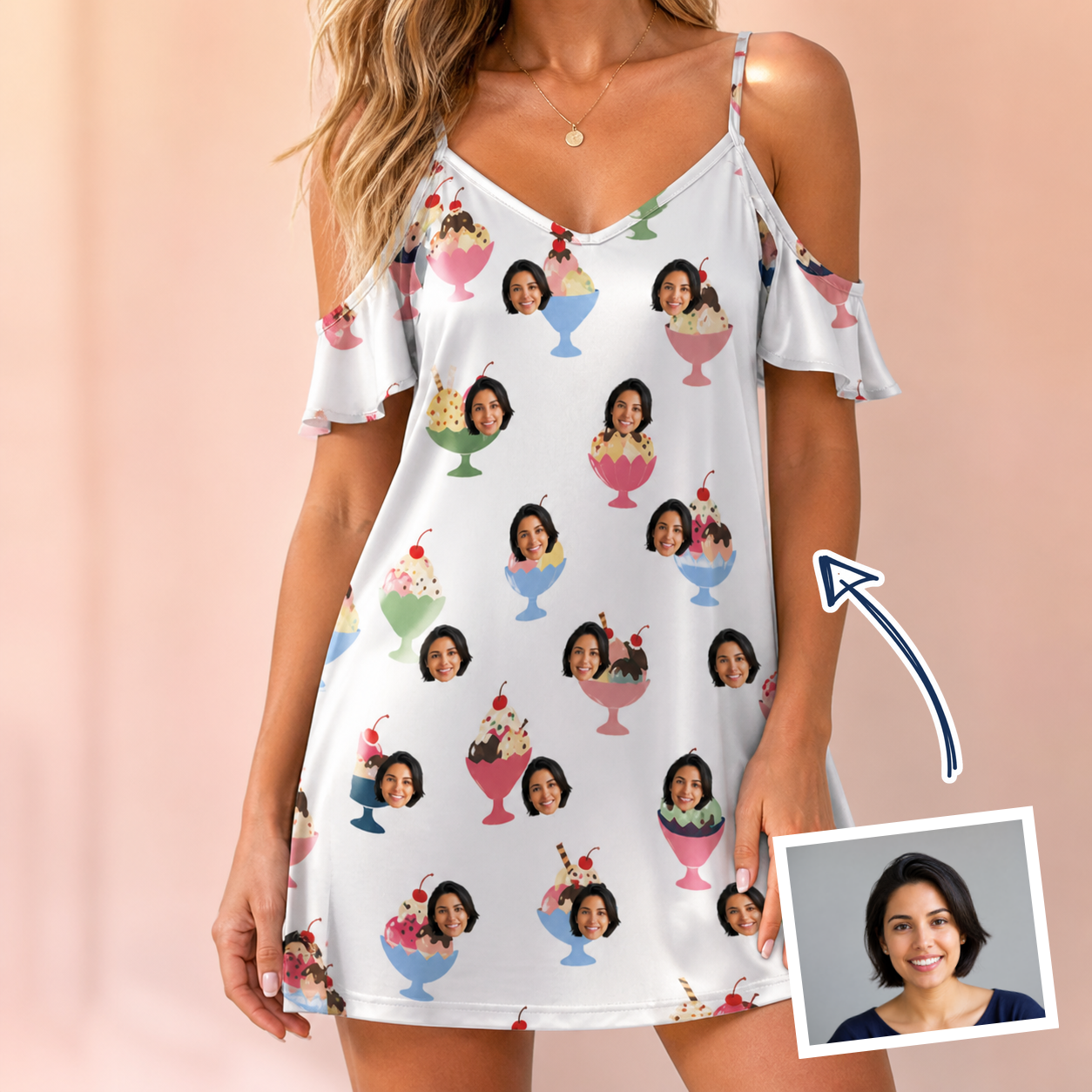 Woman wearing Women's Wishful Scoops Custom Face Off-Shoulder Dress — custom faces printed all-over