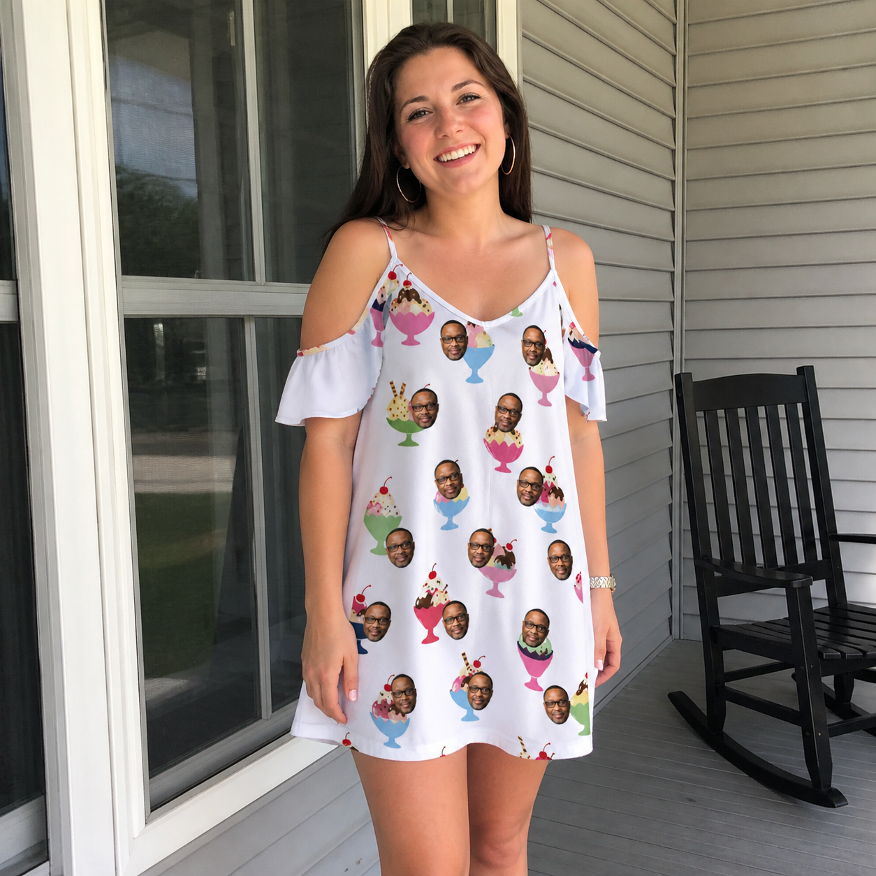 Real-life photo of someone wearing Women's Wishful Scoops Custom Face Off-Shoulder Dress — custom faces printed all-over