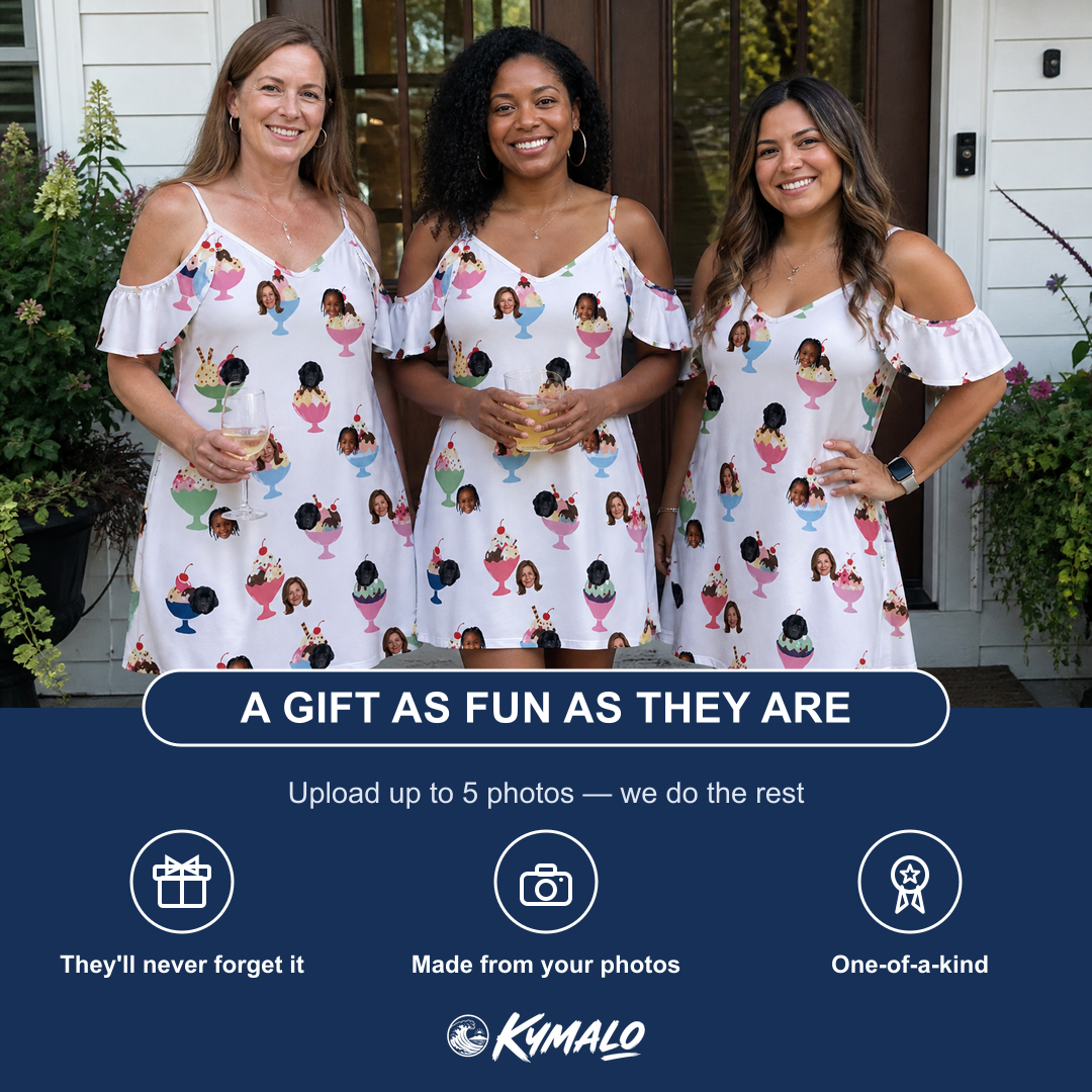 Friends in matching Women's Wishful Scoops Custom Face Off-Shoulder Dress — a group gift photo