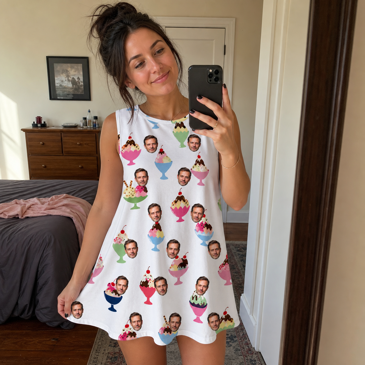 Real-life photo of someone wearing Women's Wishful Scoops Custom Face Tank Dress — custom faces printed all-over