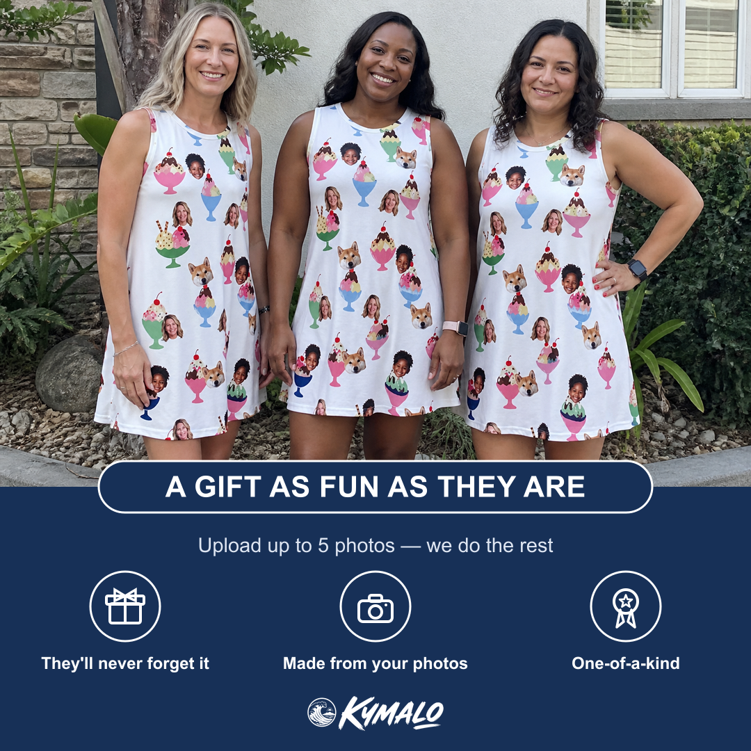 Friends in matching Women's Wishful Scoops Custom Face Tank Dress — a group gift photo