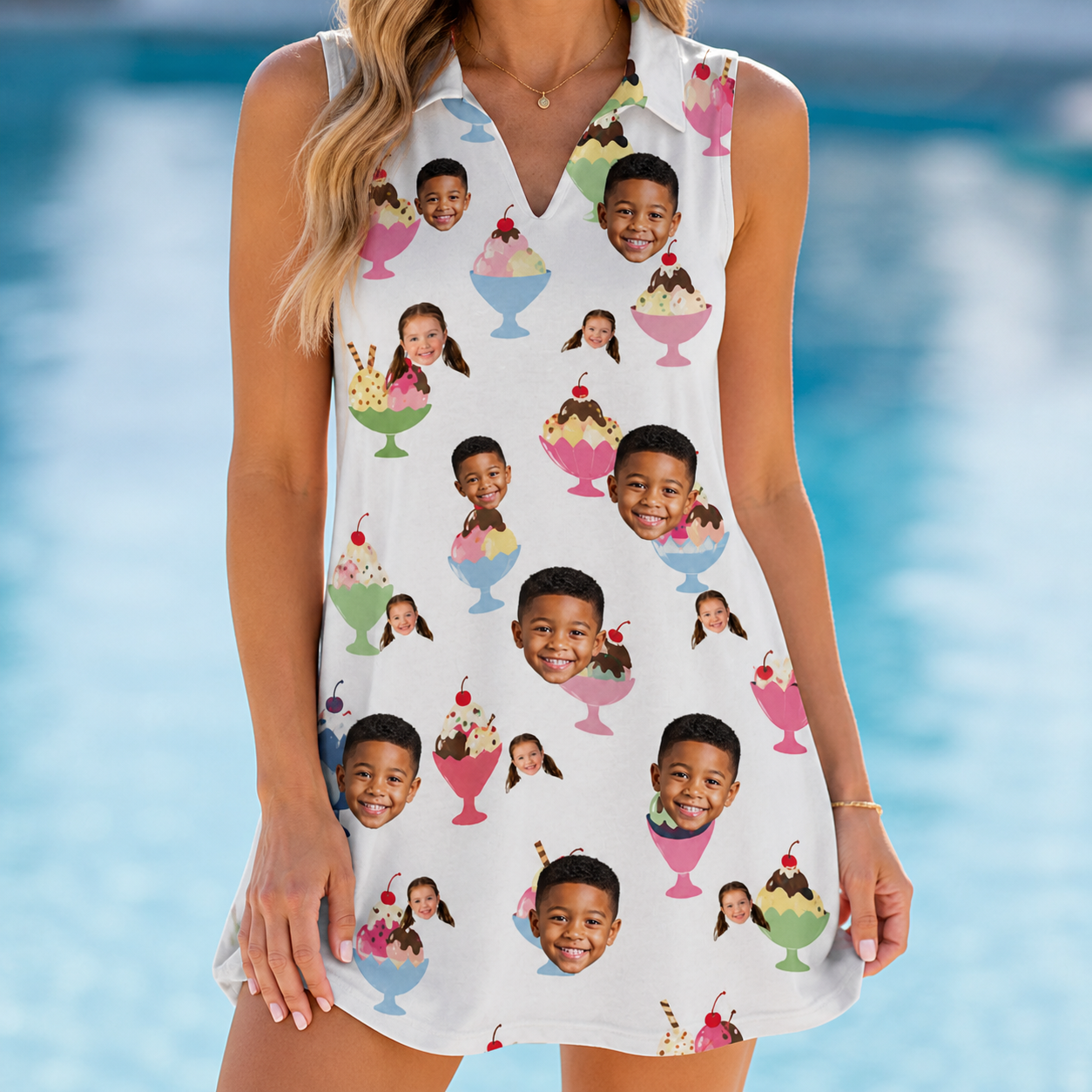 Model wearing Women's Wishful Scoops Custom Face V-Neck Dress printed with kids' faces