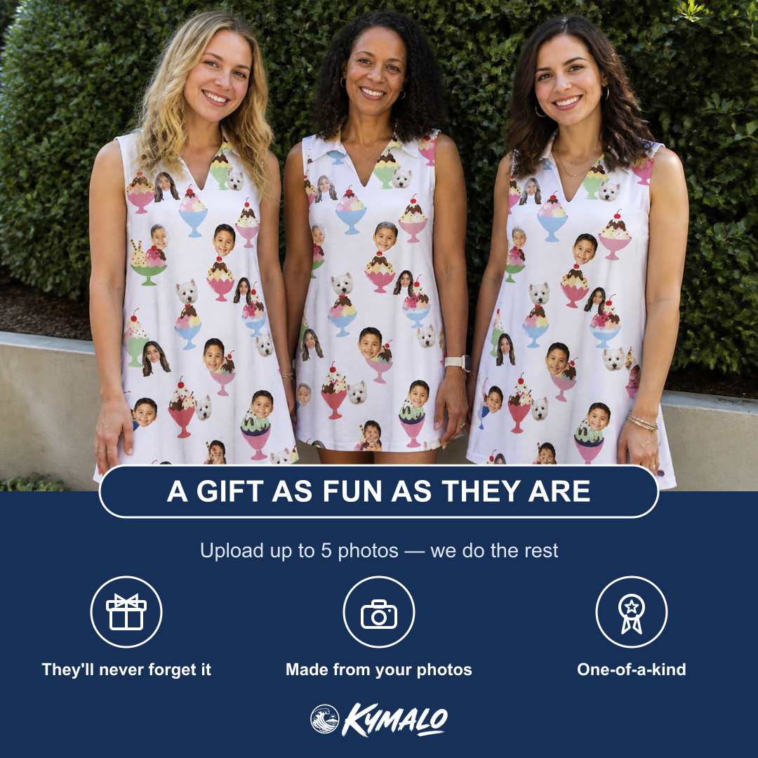 Friends in matching Women's Wishful Scoops Custom Face V-Neck Dress — a group gift photo