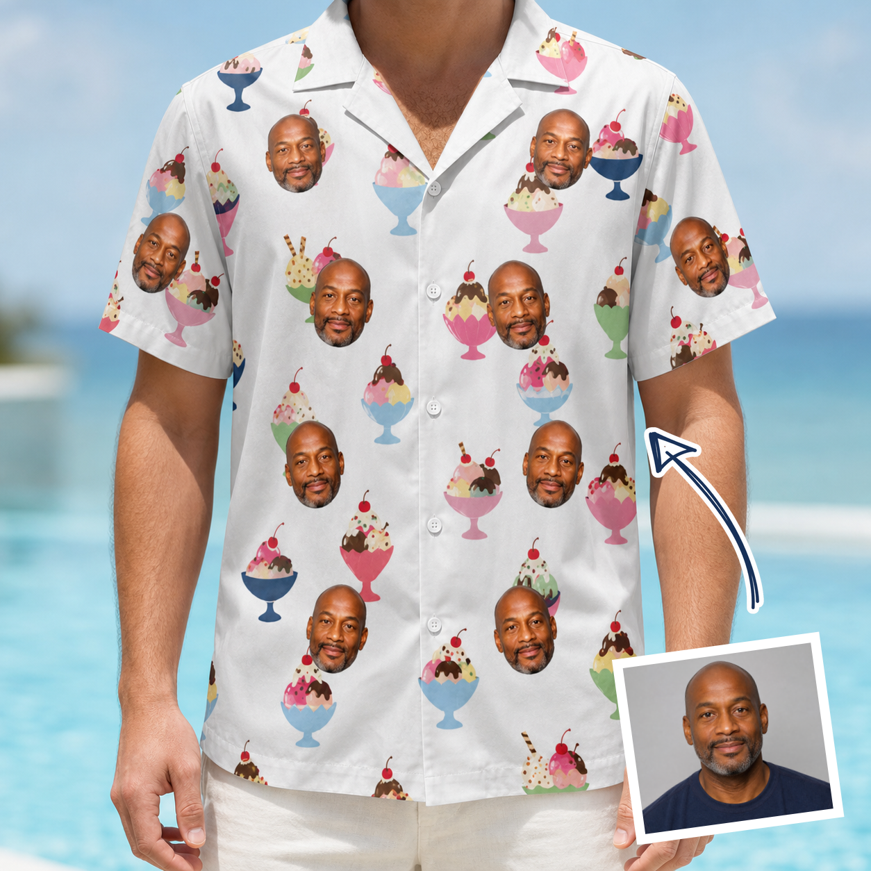 Man wearing Men's Wishful Scoops Custom Face Hawaiian Shirt — custom faces printed all-over