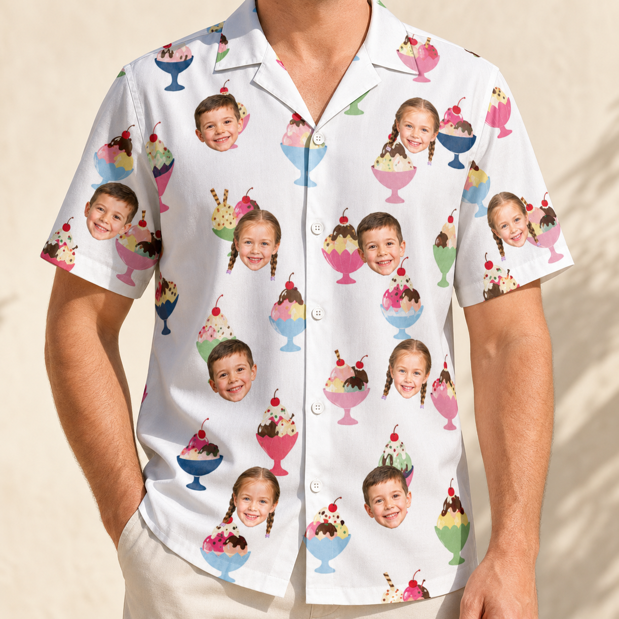 Model wearing Men's Wishful Scoops Custom Face Hawaiian Shirt printed with kids' faces
